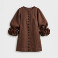 Brown dress with floral print and button-down mini length — Brown