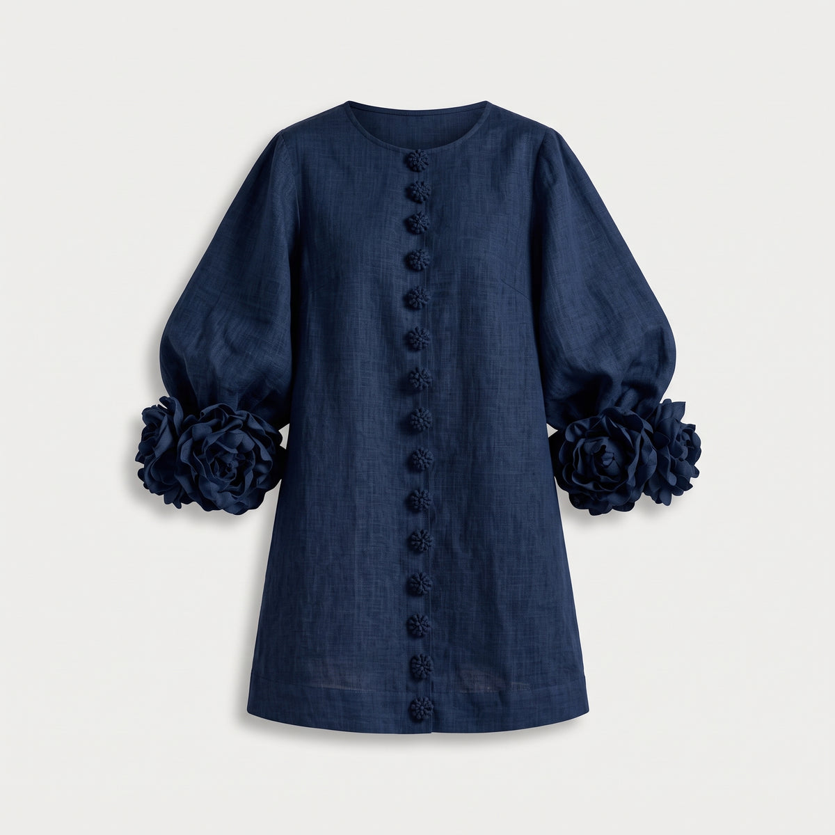 Brown dress with floral print and button-down mini length — Navy