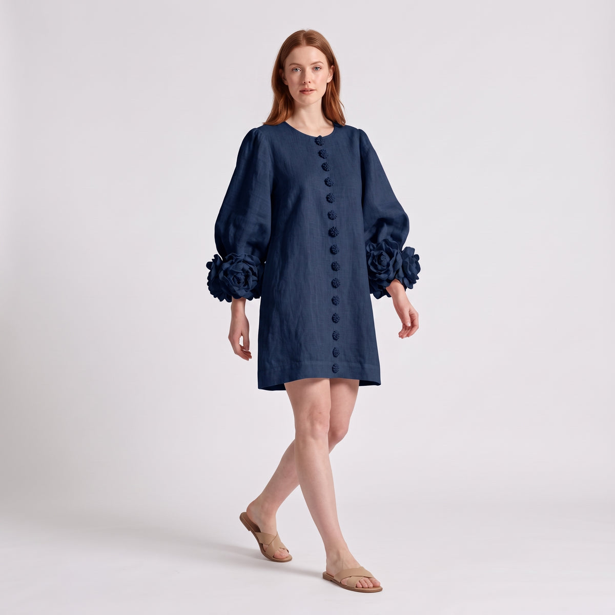 Brown dress with floral print and button-down mini length — Navy