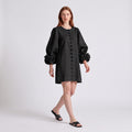 Brown dress with floral print and button-down mini length — Black