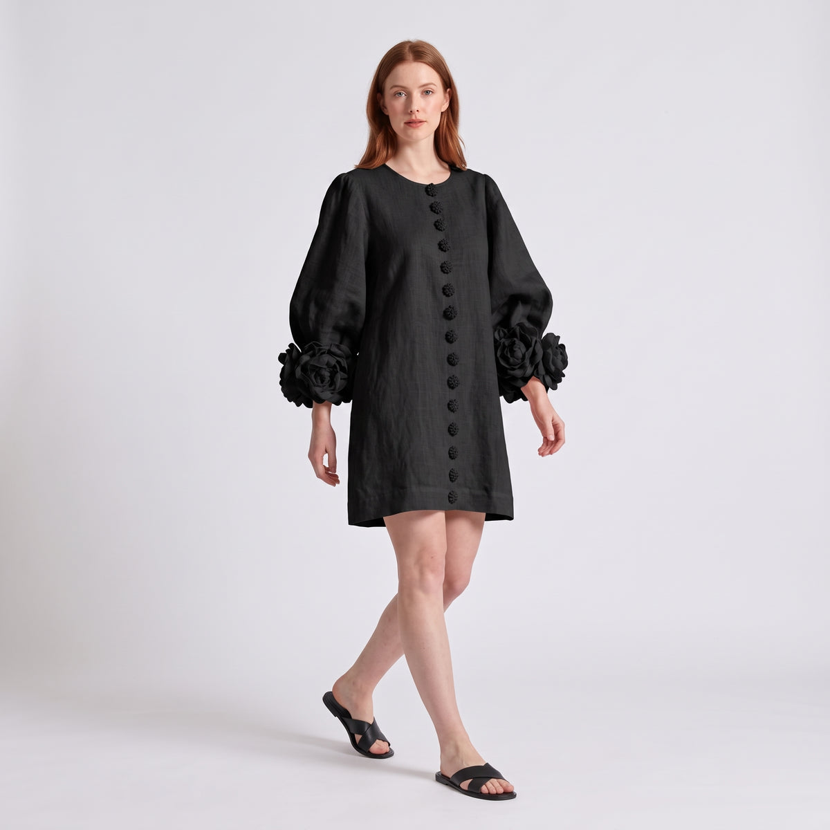 Brown dress with floral print and button-down mini length — Black