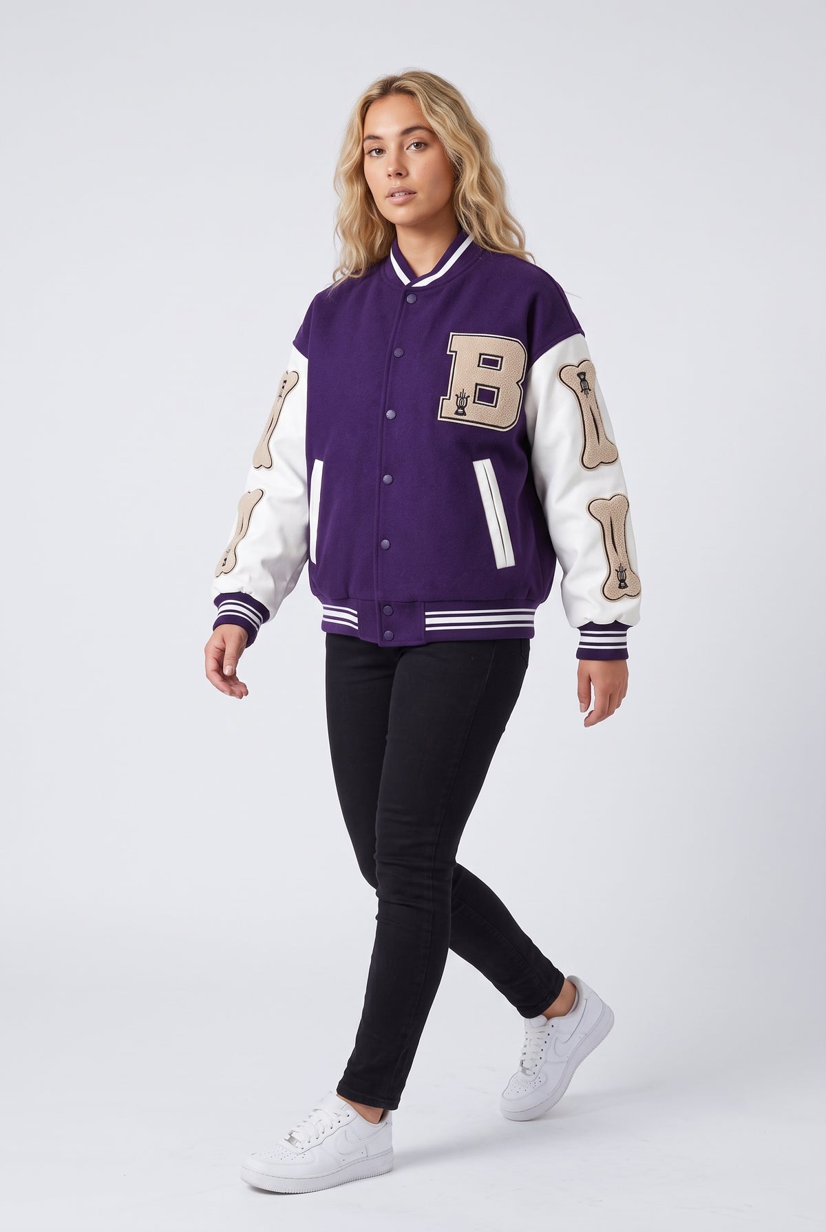 Wool Blend Varsity Jacket with Custom Bone Patching — Purple