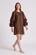 Brown dress with floral print and button-down mini length — Brown