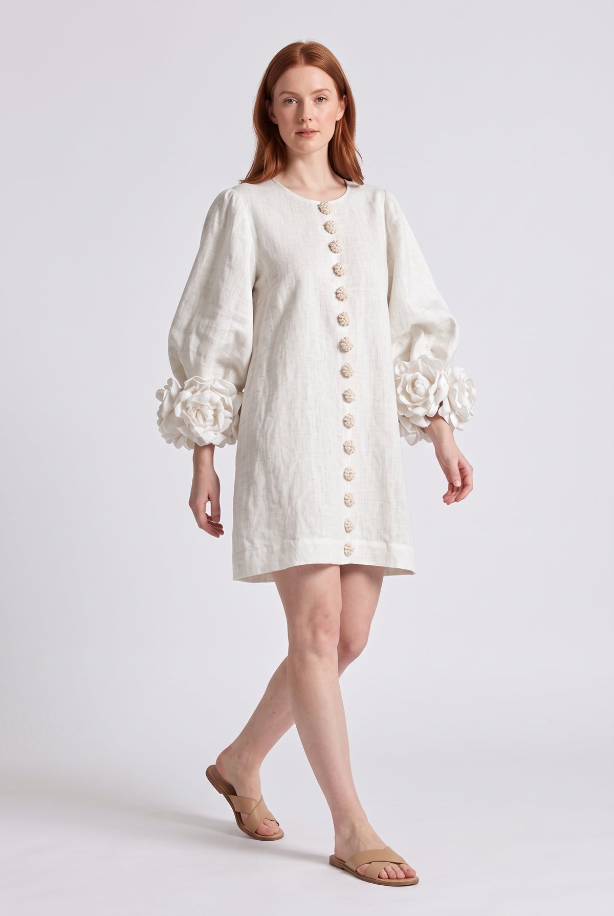 Brown dress with floral print and button-down mini length — White
