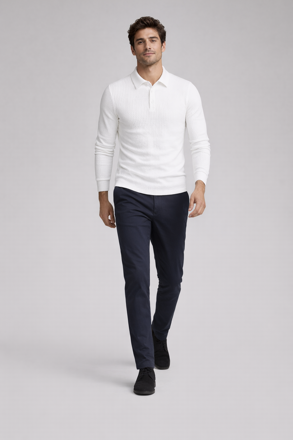 Ribbed Polo Shirt for Men with Long Sleeves — White