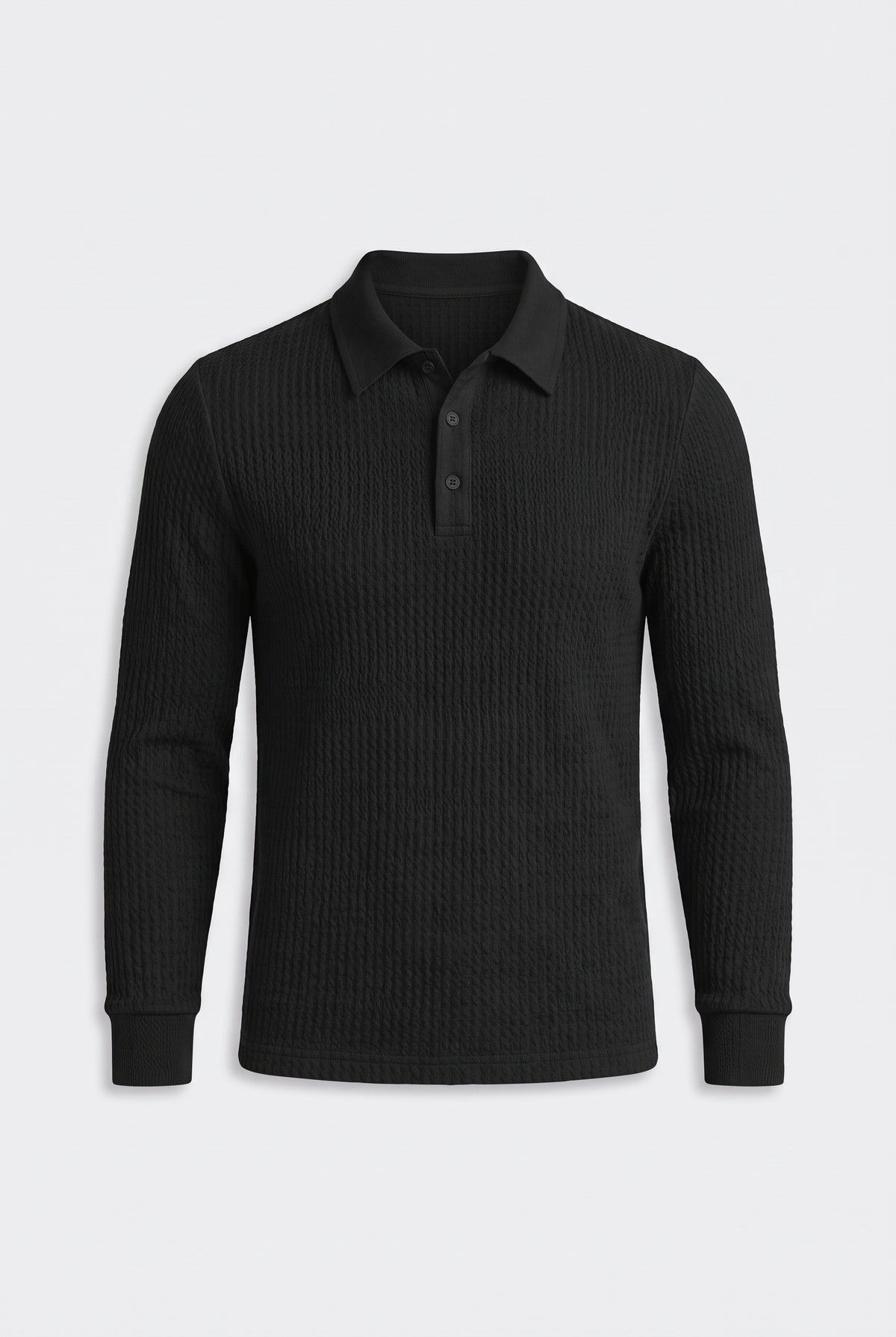 Ribbed Polo Shirt for Men with Long Sleeves — Black