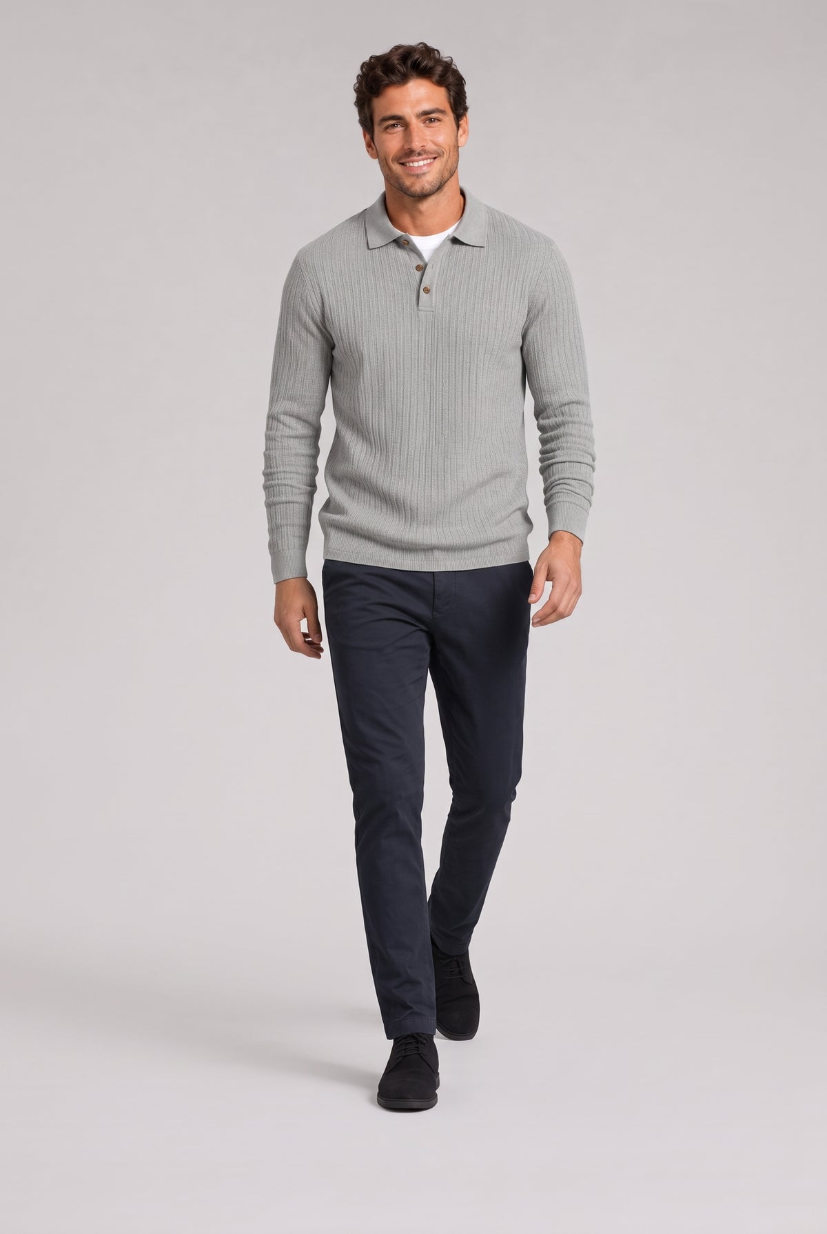 Ribbed Polo Shirt for Men with Long Sleeves — Grey