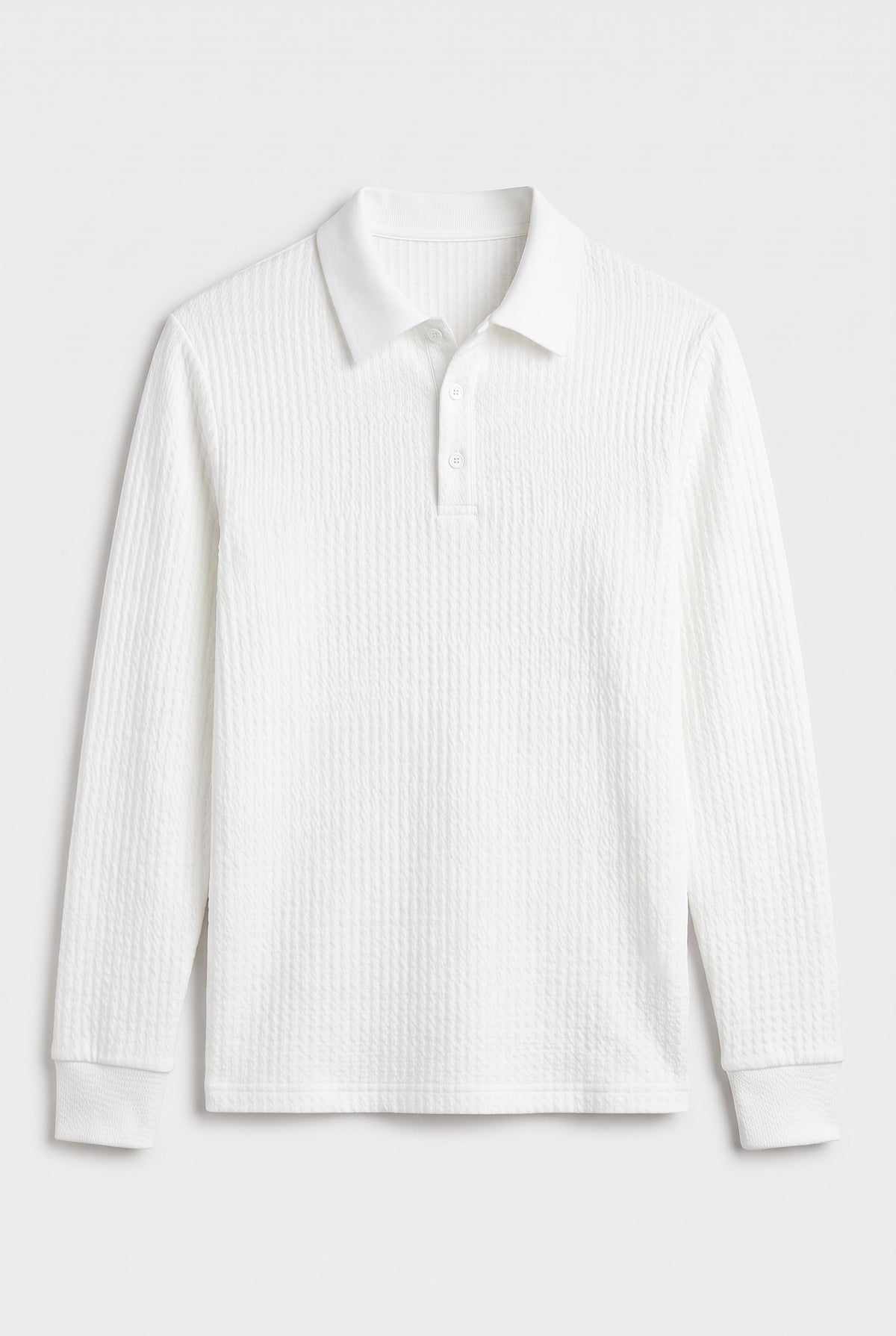 Ribbed Polo Shirt for Men with Long Sleeves — White