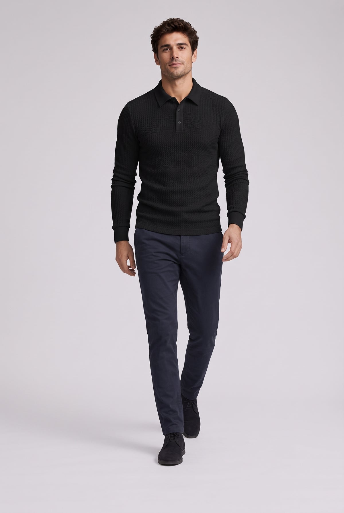 Ribbed Polo Shirt for Men with Long Sleeves — Black