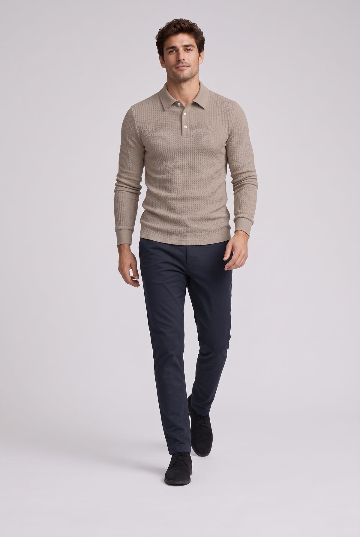 Ribbed Polo Shirt for Men with Long Sleeves — Khaki