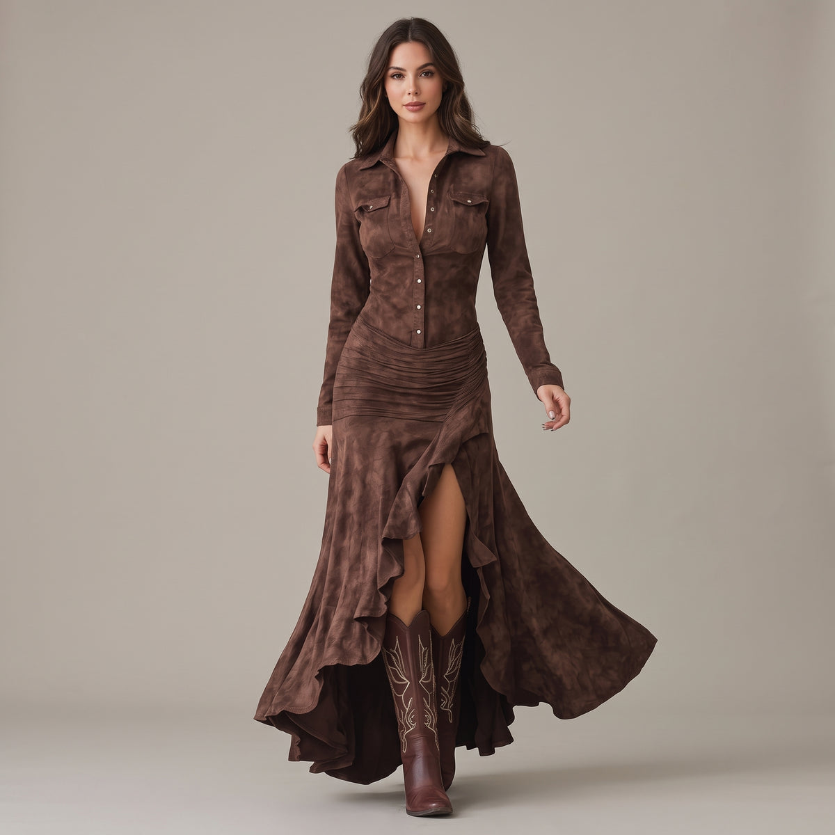 Suede-Feel Long Sleeve Maxi Dress — Brown