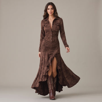 Suede-Feel Long Sleeve Maxi Dress — Brown