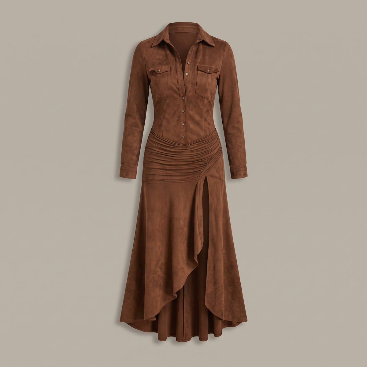 Suede-Feel Long Sleeve Maxi Dress — Chocolate