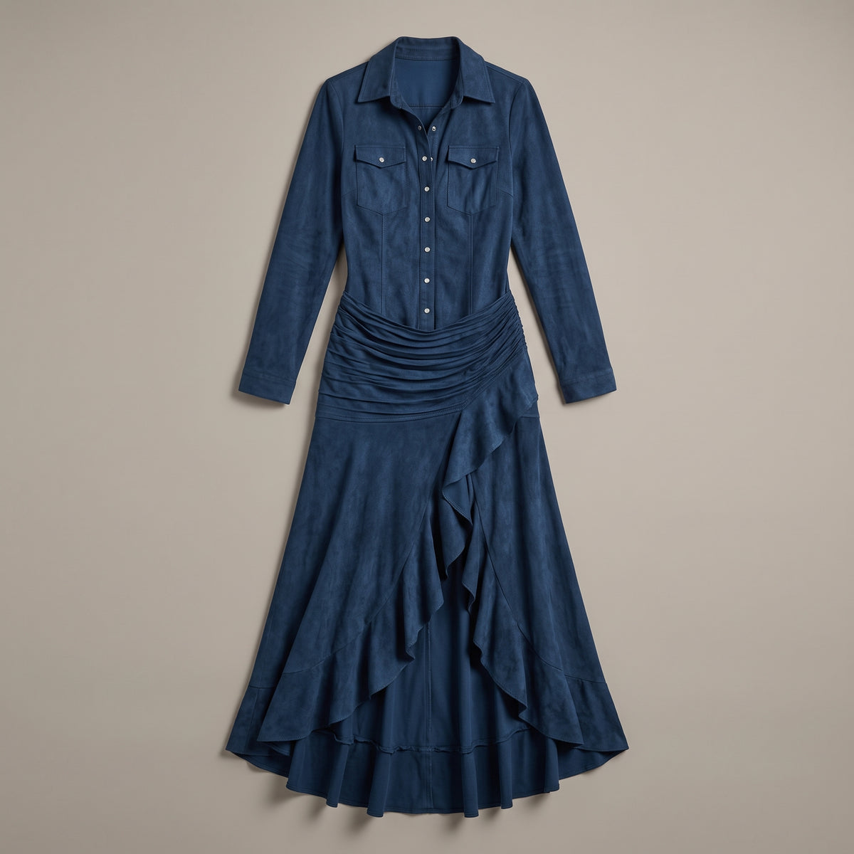 Suede-Feel Long Sleeve Maxi Dress — Blue