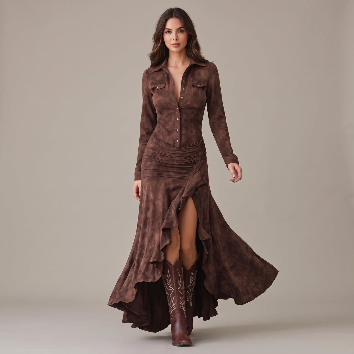 Suede-Feel Long Sleeve Maxi Dress — Chocolate